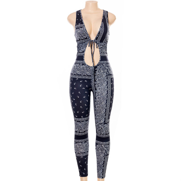 New Sleeveless Leaky Navel Sexy Tie Printed Trousers Jumpsuit W21JP149