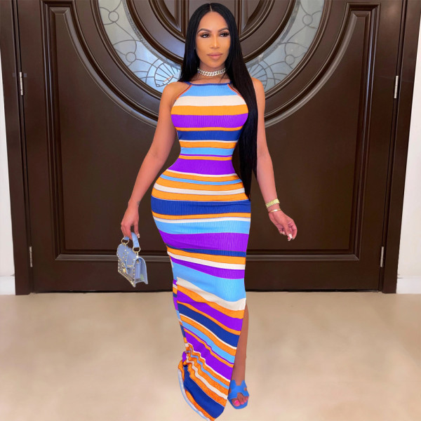 Colorful striped print open back dress F8076