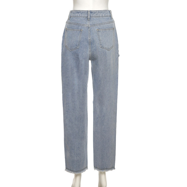 Fashionable Hollow Printed High Waist Straight Casual Jeans W21P02349