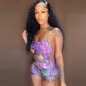 Leaf print sexy open back irregular suspender slim shorts set Q21ST137