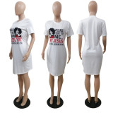 Fashion loose print mid-short dress F8078