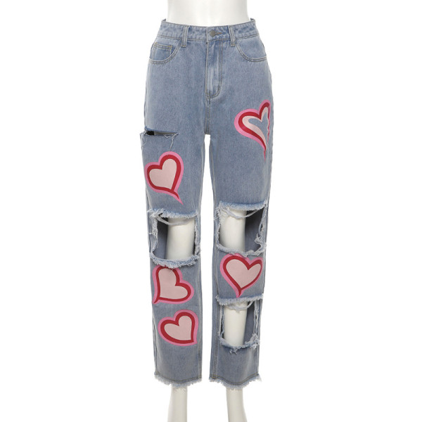 Fashionable Hollow Printed High Waist Straight Casual Jeans W21P02349