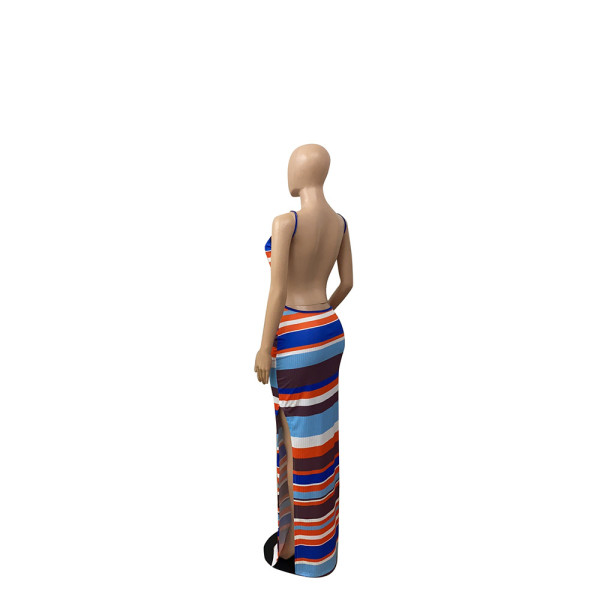 Colorful striped print open back dress F8076