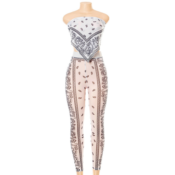 New printed sexy breast-wrapped hollow mesh slim trousers suit K21ST257