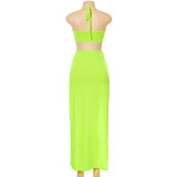 New solid color halterneck hollow irregular split long dress R21DS189