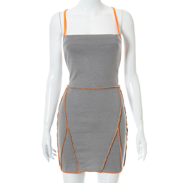 New solid color sling sleeveless backless lace-up reverse dress K21DS270