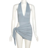 Sexy V-neck halter one-piece fashion bag hip skirt suit K21S02362