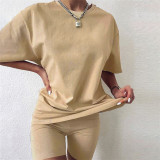 Loose solid color top tight-fitting casual shorts suit K21S02777