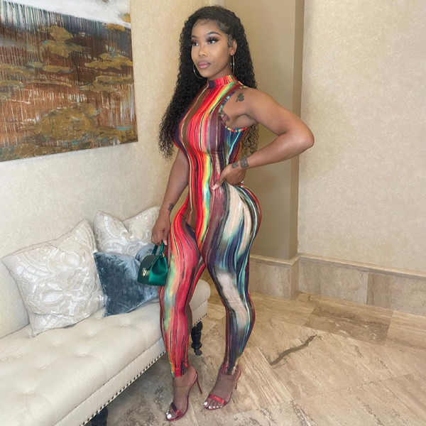 New tie-dye printed sleeveless round collar sexy tight trousers jumpsuit K21JP228