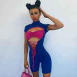 Stitching round neck short-sleeved tie shorts jumpsuit W21RP184