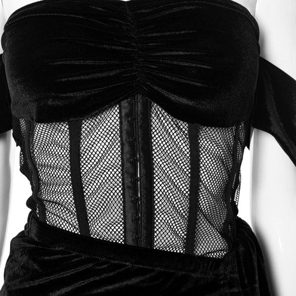 New solid color mesh gauze one-line neck waistband stitching pleated skirt suit W21ST143