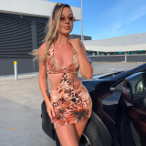 New printed halterneck lace-up open-back cut-out slim short dress A21DS198