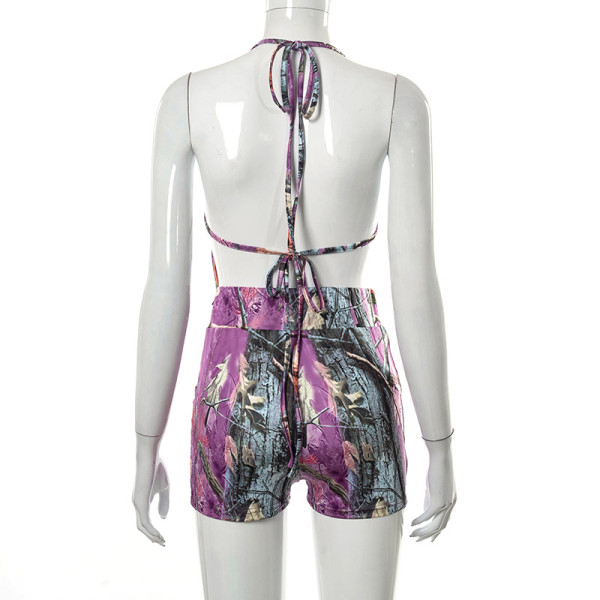 Leaf print sexy open back irregular suspender slim shorts set Q21ST137