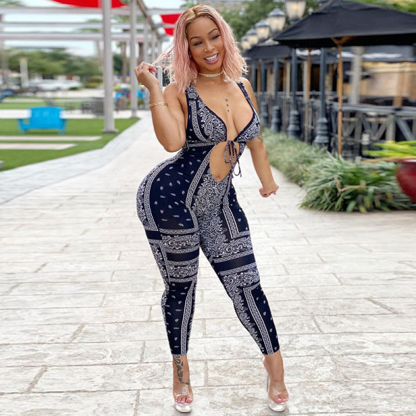New Sleeveless Leaky Navel Sexy Tie Printed Trousers Jumpsuit W21JP149