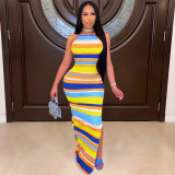 Colorful striped print open back dress F8076