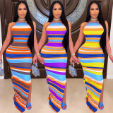 Colorful striped print open back dress F8076