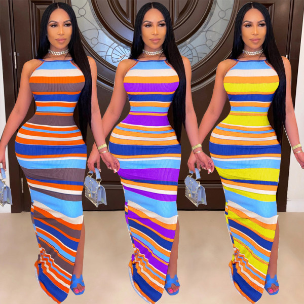 Colorful striped print open back dress F8076