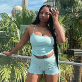 Summer new solid color open back tether sling pleated shorts suit R21ST199
