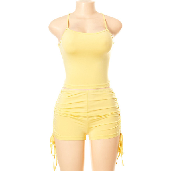 Summer new solid color open back tether sling pleated shorts suit R21ST199