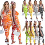Fashion striped jumpsuit, deep V tie, zipper YM188