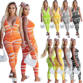 Fashion striped jumpsuit, deep V tie, zipper YM188