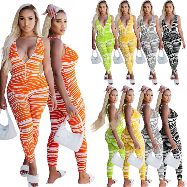 Fashion striped jumpsuit, deep V tie, zipper YM188
