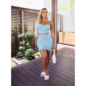 Sexy halter solid color two-piece milk silk skirt suit D8102