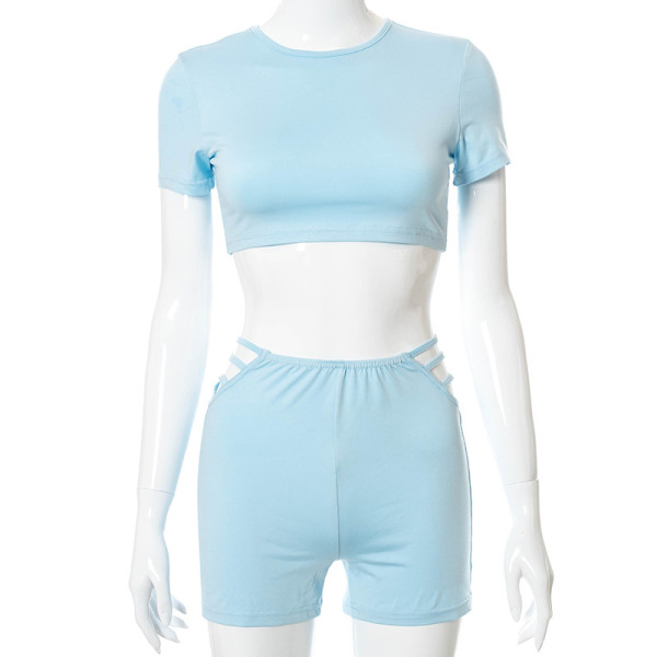 Pure color round neck short-sleeved waist T-shirt slim shorts set X21ST186