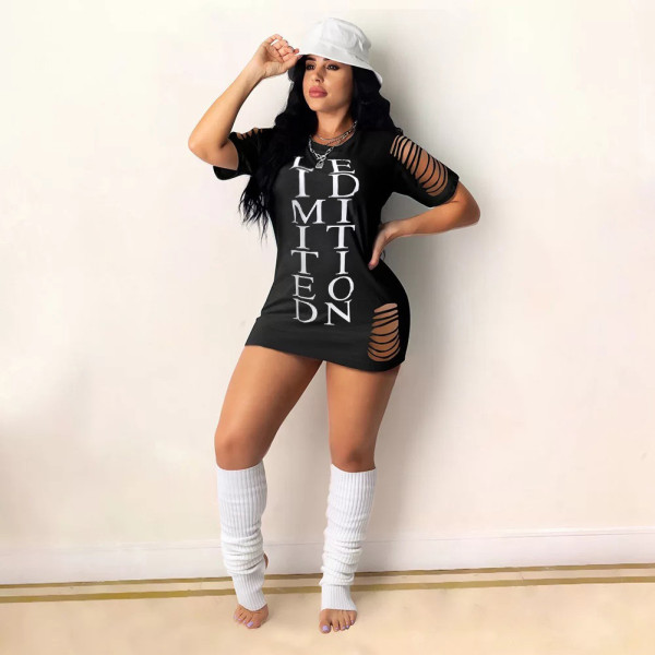 Fashion tight-fitting ripped letter print dress YM181