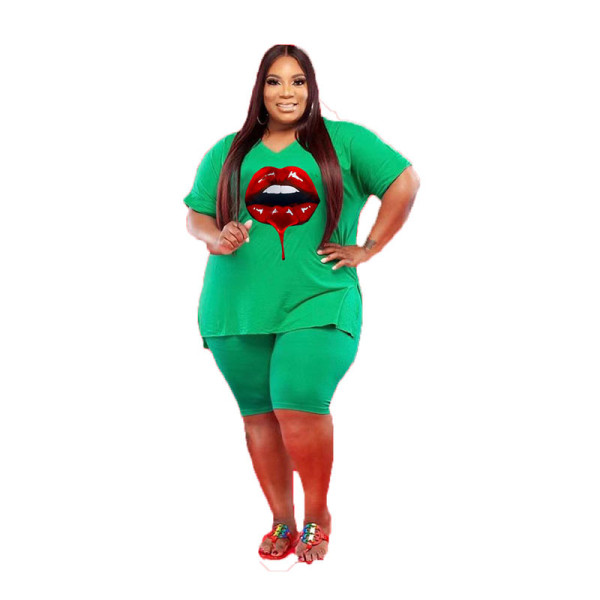 V-neck large size 5X red lips casual two-piece suit YM178