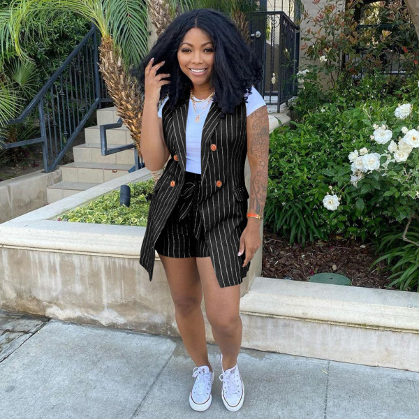 OL office two-piece striped print small suit vest jacket with belt YM192