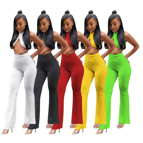 Sexy trouser suit open back fashion solid color trouser suit D8106