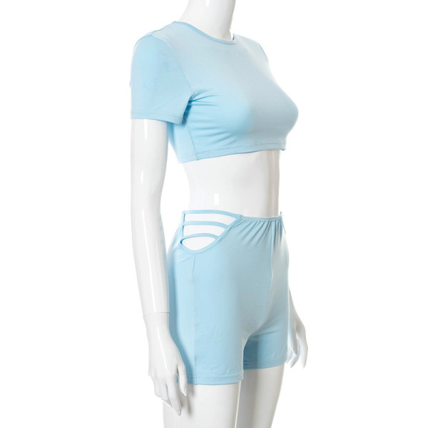 Pure color round neck short-sleeved waist T-shirt slim shorts set X21ST186