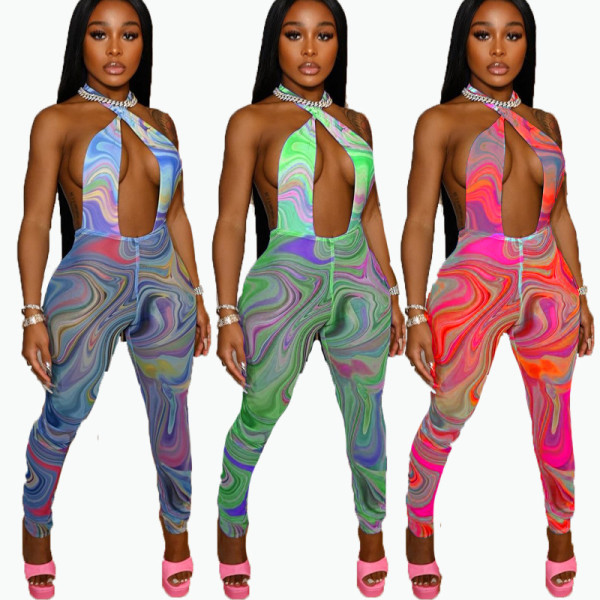 Summer color matching abstract print graffiti printed net gauze jumpsuit FFD1110