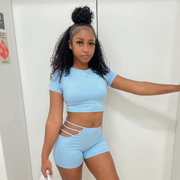 Pure color round neck short-sleeved waist T-shirt slim shorts set X21ST186