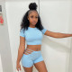Pure color round neck short-sleeved waist T-shirt slim shorts set X21ST186