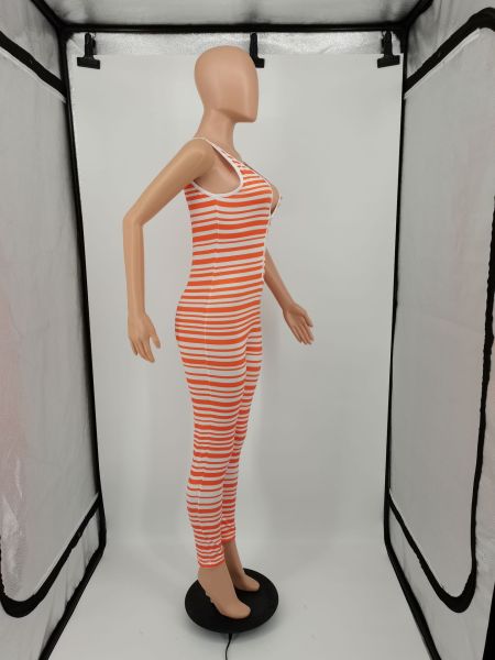 Fashion striped jumpsuit, deep V tie, zipper YM188