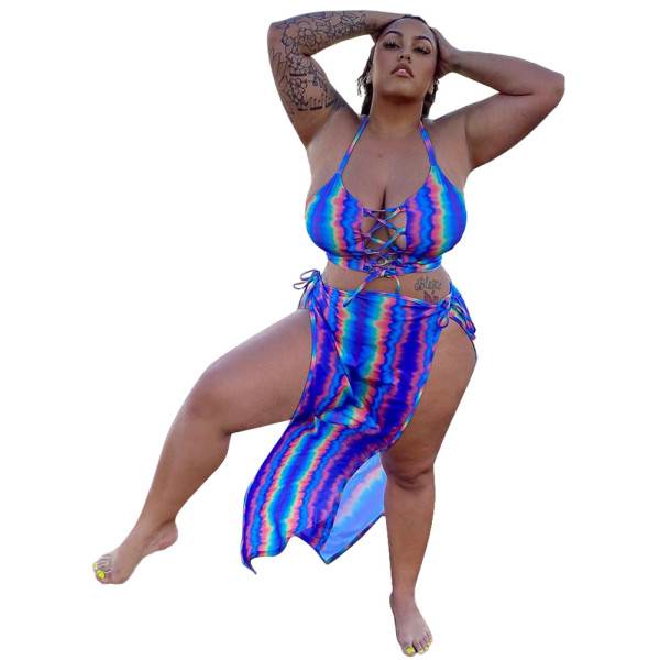 Large size two-piece printed milk silk sleeveless mid-length sling blue suit YM186
