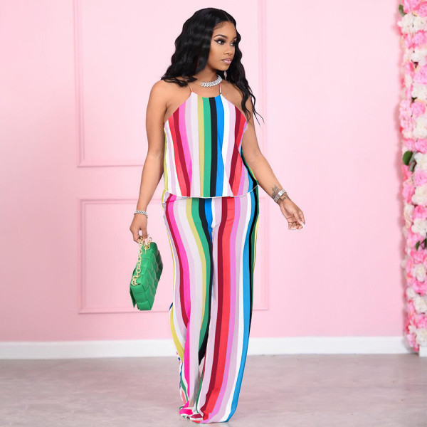 Fashion classic halter stripe casual home two-piece suit YM193