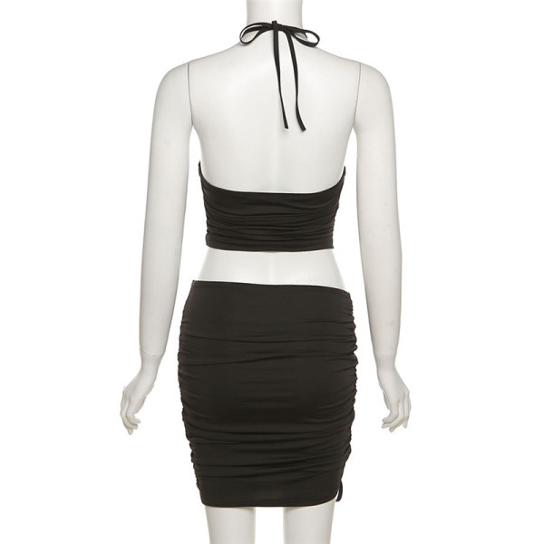 Sexy hollow halter vest fashion hip short skirt suit K21S02747