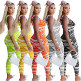 Fashion striped jumpsuit, deep V tie, zipper YM188
