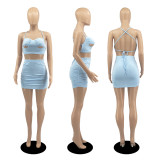 Sexy halter solid color two-piece milk silk skirt suit D8102