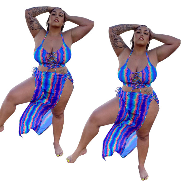 Large size two-piece printed milk silk sleeveless mid-length sling blue suit YM186