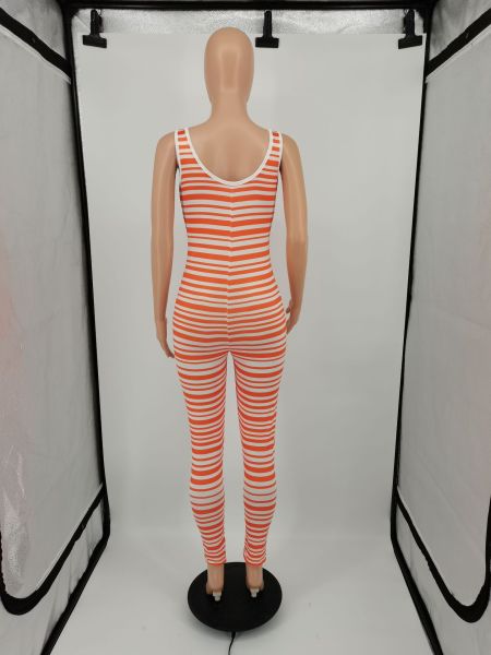 Fashion striped jumpsuit, deep V tie, zipper YM188
