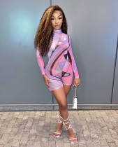 Zipper high neck abstract print summer short-sleeved graffiti print jumpsuit FFD1109 Zipper high neck abstract print summer short-sleeved graffiti print jumpsuit FFD1109