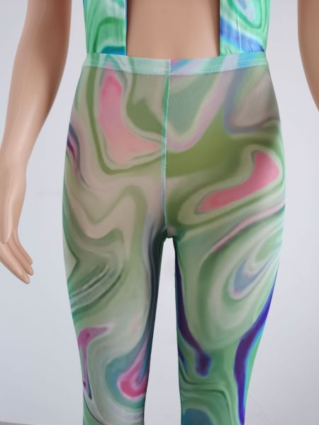 Summer color matching abstract print graffiti printed net gauze jumpsuit FFD1110