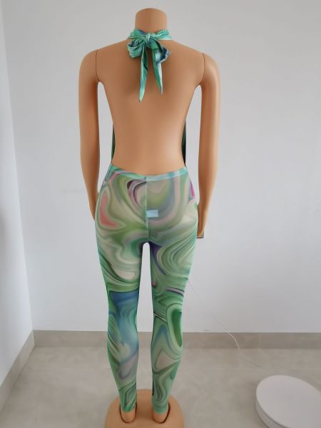 Summer color matching abstract print graffiti printed net gauze jumpsuit FFD1110