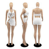 Milk silk pure color short skirt sexy sleeveless hollow dress D8104