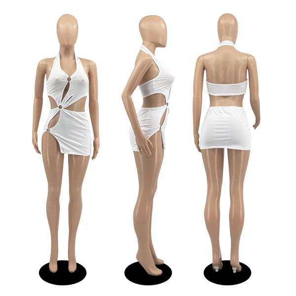 Milk silk pure color short skirt sexy sleeveless hollow dress D8104