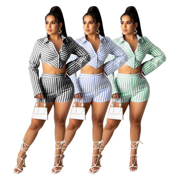 Long sleeve shorts street suit casual shirt two-piece suit D8109